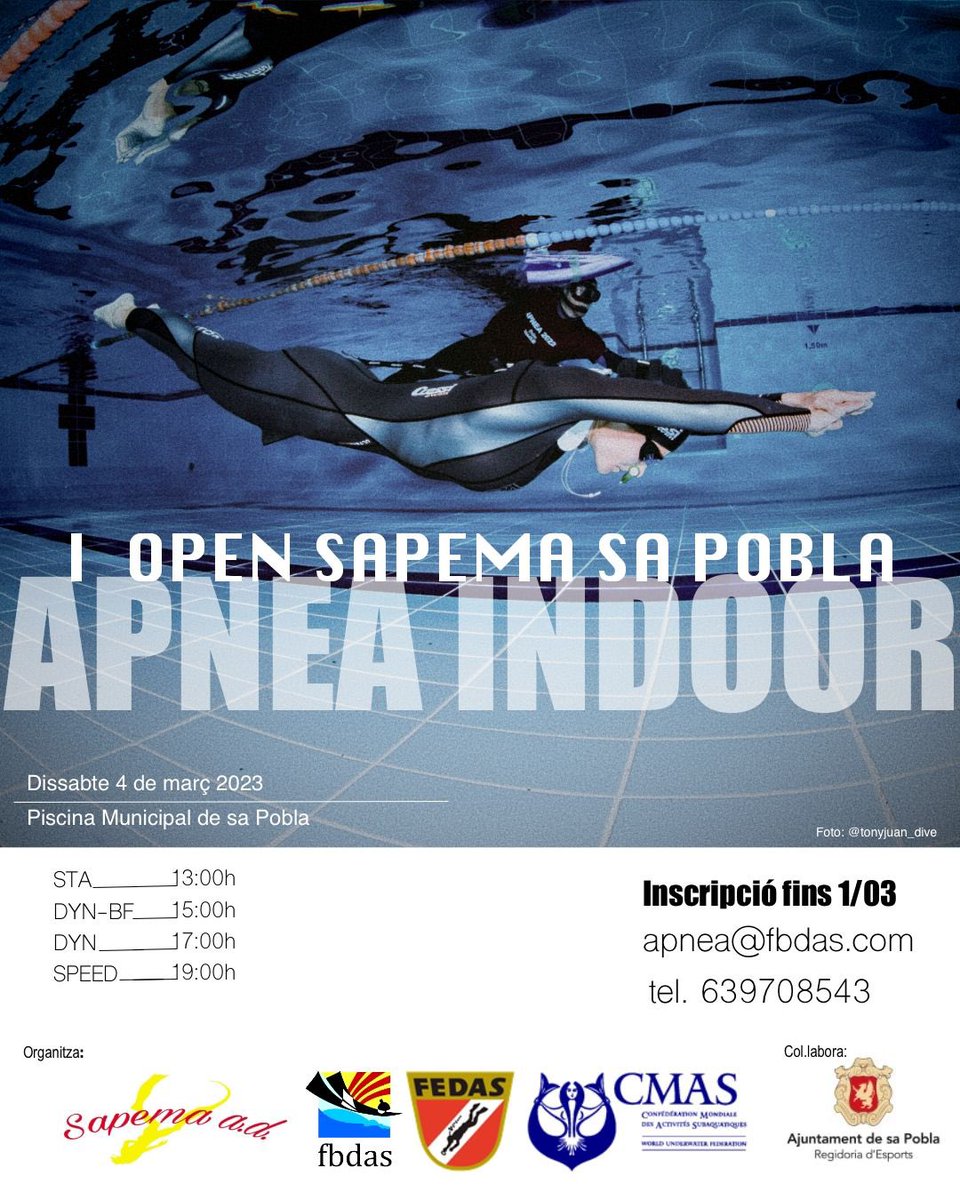 fbdasfbdas's tweet photo. ¿Aun no os habéis inscrito al I OPEN SAPEMA SA POBLA de apnea indoor? 🤿🤿🫣🫣 
🗓️ Sábado 4 de marzo
📍 Piscina municipal de Sa Pobla

(Y tenéis hasta día 1 de marzo para inscribiros 👏🏽 al correo apnea@fbdas.com o en el teléfono 639708543 📞) https://t.co/mb6xPZzjEC