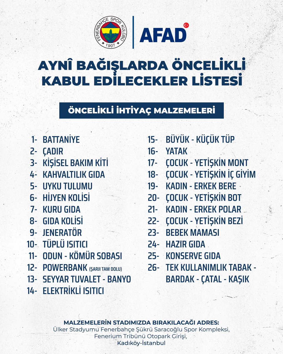 Fenerbahce's tweet photo. Güncel ihtiyaç listesi ⬇️

Yardım malzemelerini stadımıza bırakabilirsiniz. 🙏 https://t.co/EvsGlPWgJA