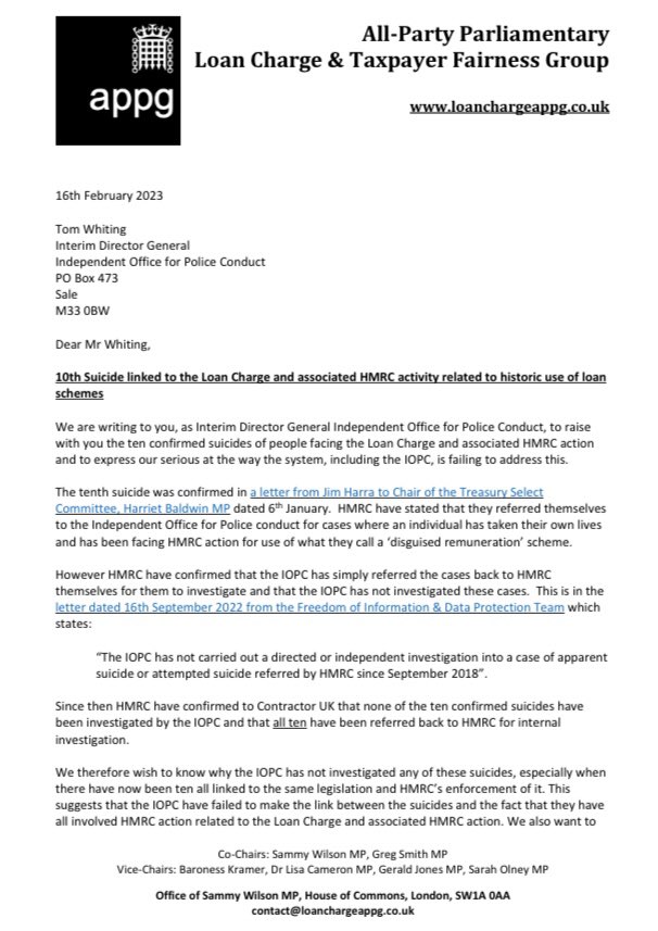 We’ve written to <a href="/policeconduct/">Independent Office for Police Conduct (IOPC)</a> asking why they haven’t investigated the 10 known #LoanChargeSuicides but referred them back to #HMRC to investigate themselves. The system is badly failing victims &amp; their families. 

The #LoanCharge  is destroying lives.

loanchargeappg.co.uk/wp-content/upl…