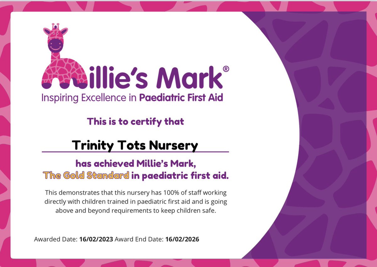 TotsTrinity's tweet photo. Delighted to become a Millie’s Mark accredited nursery! @NdnaScotland @edin_ey @ELCScotGov @ESTeamELC @BexieEwart @CareInspect #milliesmark #paediatricfirstaid https://t.co/AXcfL7GSSJ