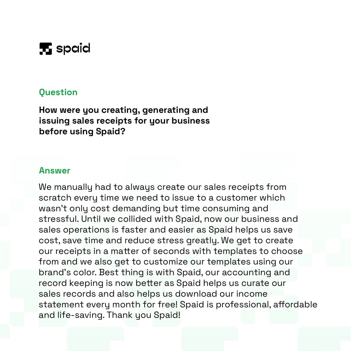 trySpaid's tweet photo. Today, we’re sharing the answer from Beepsoft Hairs (@beepsoft_hairs) to our simple and short question. 🤩😇

It’s on how Spaid helps them operate fast, easy and more professional. ✨ https://t.co/fUoxenjvi9