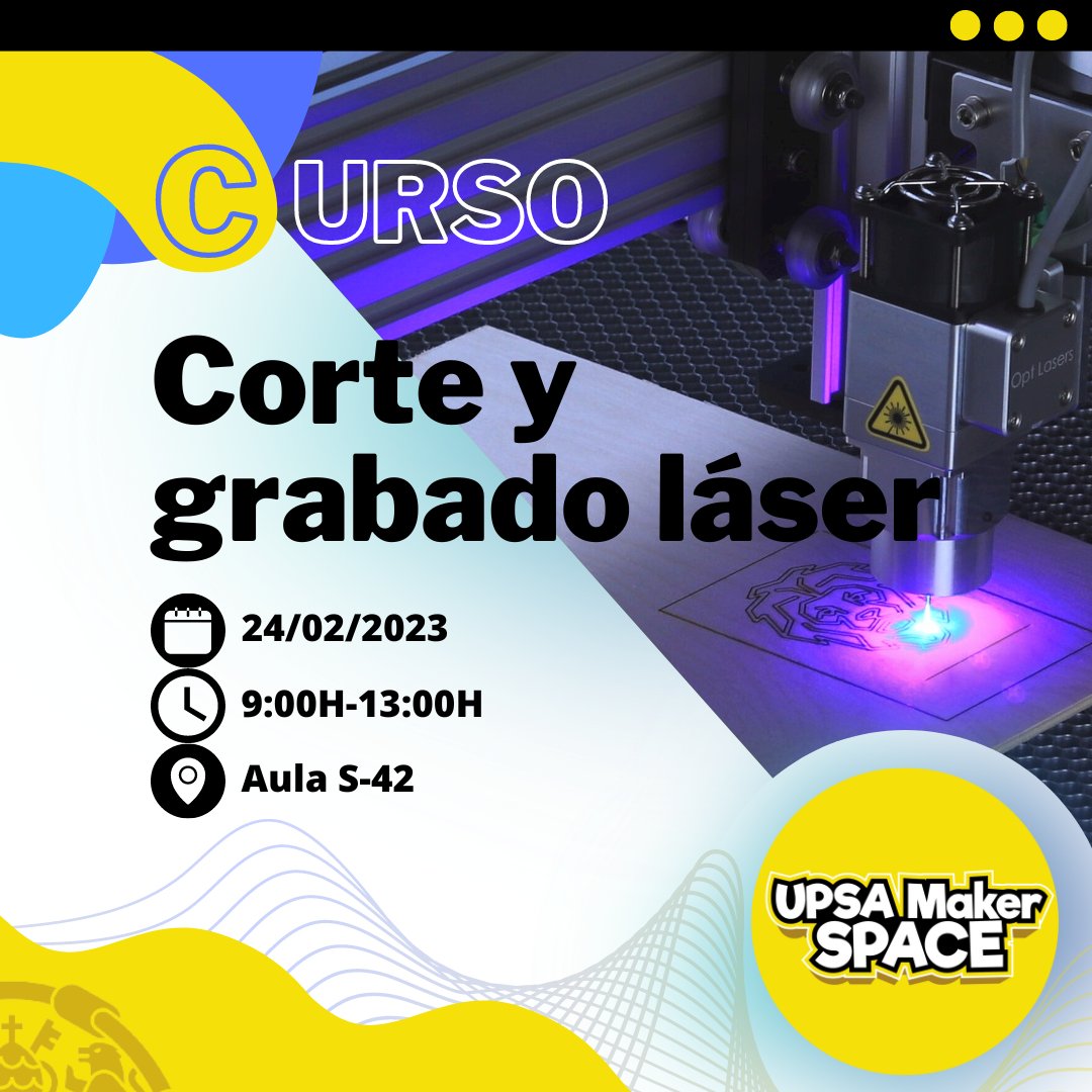 🌟Curso de corte y grabado láser
Conceptos básicos para cortar y grabar con la cortadora láser del UPSA Maker Space.
📅 CUÁNDO: 24 de febrero de 9:00 a 13:00 (Aula S-42)
📝 Inscripciones: ow.ly/98ML50MV3Tz
👩‍🏫 Lucía Martín Gómez y Rebeca Cordero Gutiérrez
¡Os esperamos!