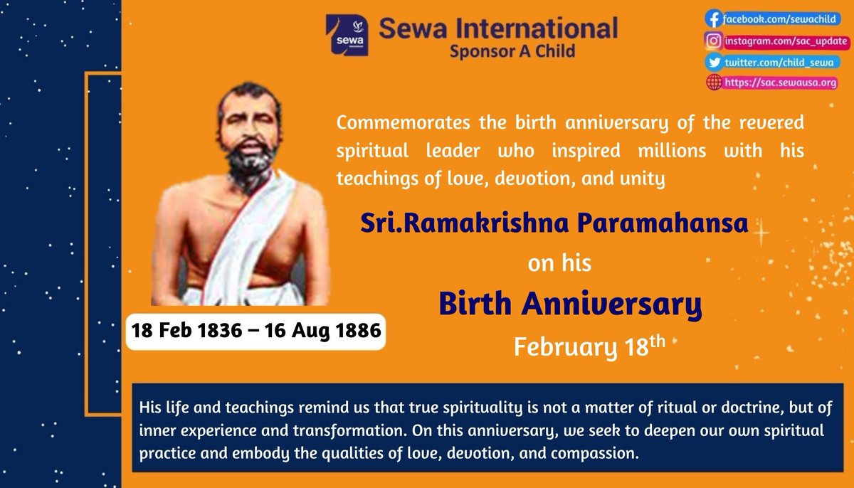 child_sewa's tweet photo. Sri Ramakrishna believed that all religions lead to the same ultimate truth, &amp; that love &amp; devotion are the keys to realizing that truth. #OTD, we honor his legacy &amp; strive to practice his teachings in our own lives.
#spiritualleader #teachings #love #devotion #unity https://t.co/7YboM2E4lL