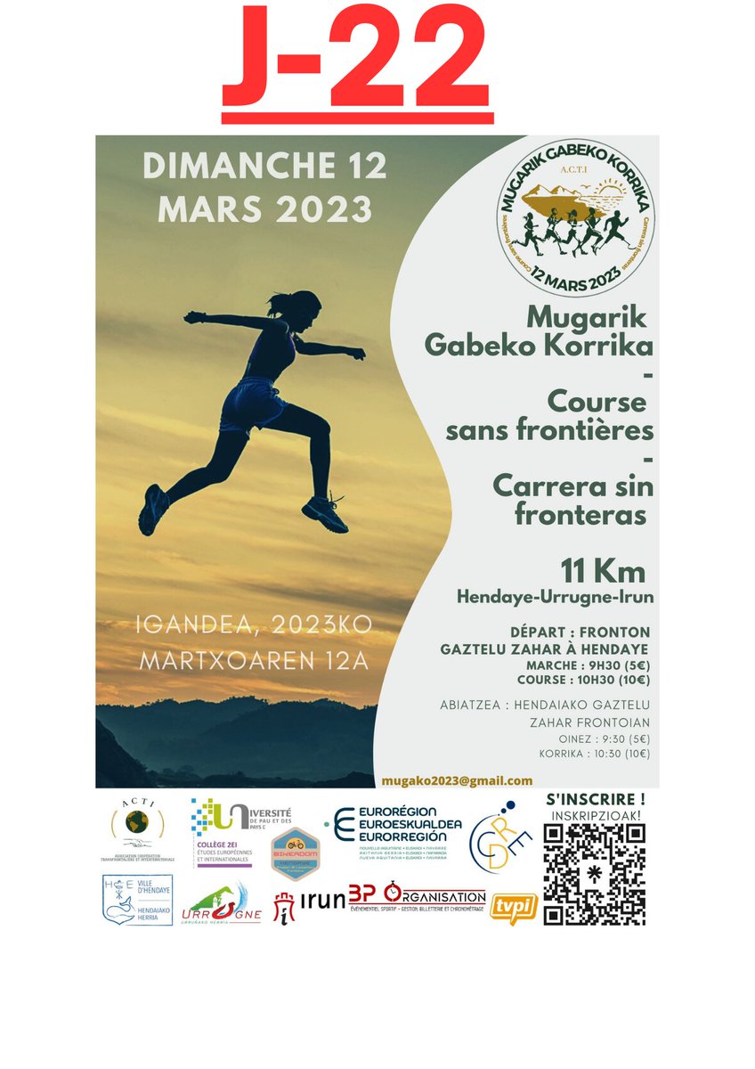 Course_MGK2023's tweet photo. 🔴 #JOUR_22🔴
COURSE ET MARCHE TRANSFRONTALIÈRE CARITATIVE:11 KM 
🗓: 12/3/2023
🔄: HENDAYE,URRUGNE,IRUN 
🏃‍♀️Course à pied:10€
🚶‍♂️Marche: 5€
Des prix vous attendent🏅🏆

INSCRIVEZ-VOUS▶️ https://t.co/bAMFoog5rg… 

@Euroregion_naen
@MediabaskInfo 
@SO_Pau 
@sudouest
@CommunautePB https://t.co/rkBHunQyDs