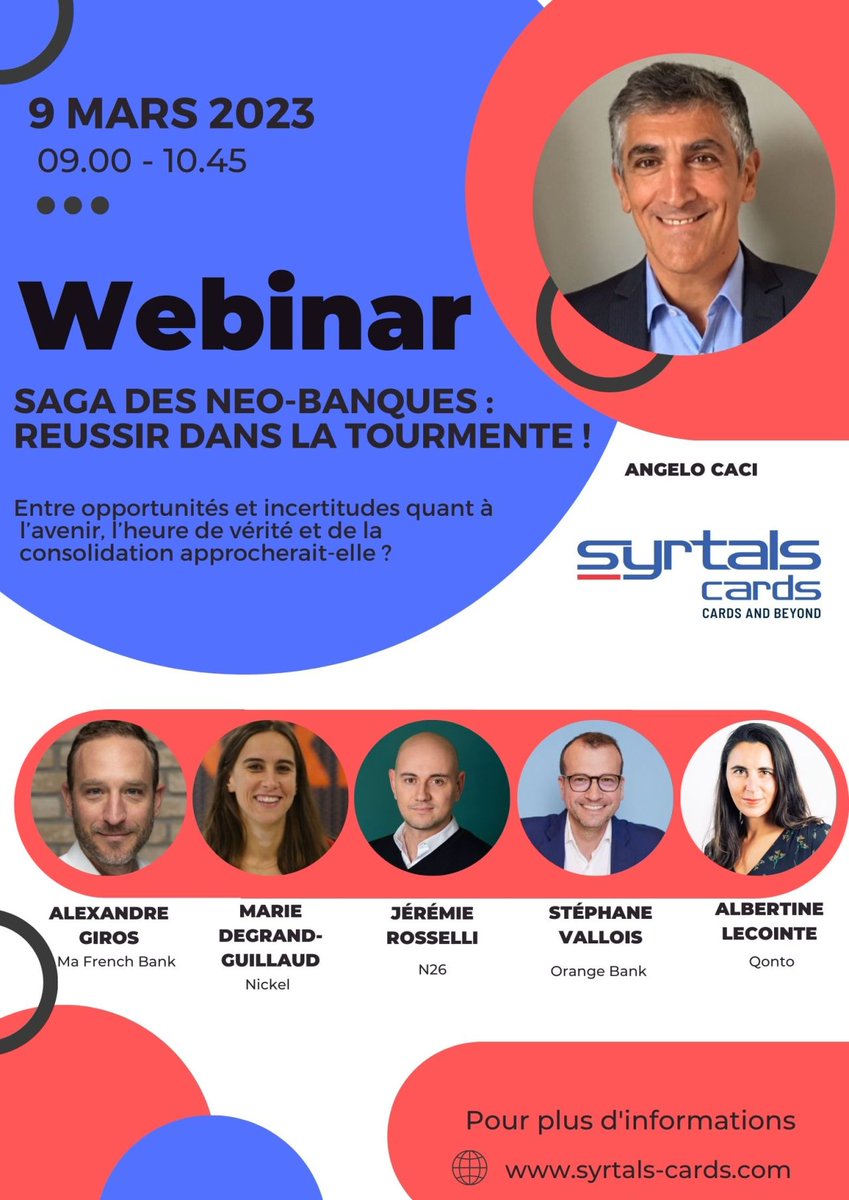 📆 RDV pour le prochain Webinaire SyrtalsCards  9 mars à 9h pour parler des #Neobanques ! Avec 
<a href="/zalexandreg/">Alexandre Giros</a> <a href="/MarieDegrandGui/">Marie Degrand Guillaud</a> 
<a href="/JeRosselli/">Jérémie Rosselli</a>
<a href="/ValloisStephane/">Stéphane VALLOIS</a>
<a href="/al_bertine/">Albertine Lecointe</a>
Pour vous inscrire 👉🏻app.livestorm.co/syrtals-cards/…
📌 syrtals-cards.com
#Fintech #Banques