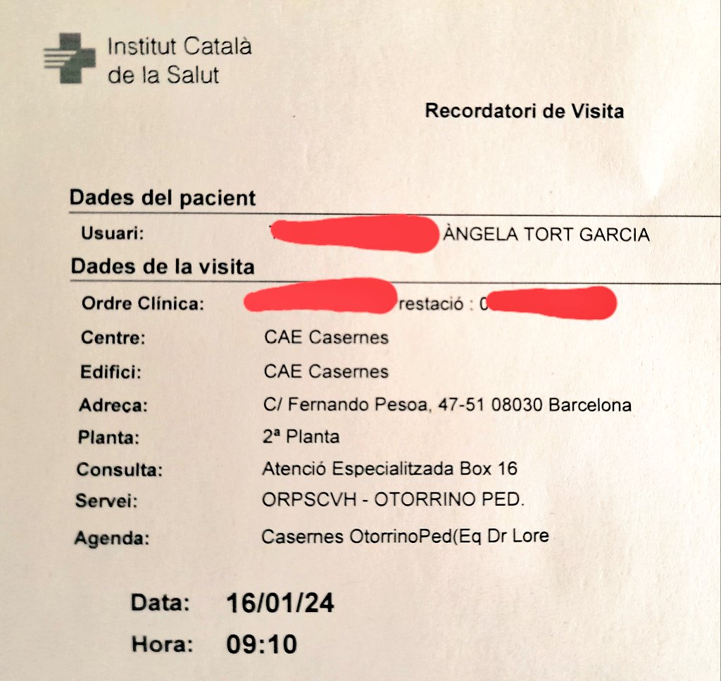 Àlex Tort (@alextortsagues) on Twitter photo Bon dia, <a href="/catsalut/">Catsalut</a>. Hem demanat cita a l'otorrino pediàtric. Som a 17 de febrer. La cita més propera disponible és el 16 de gener del 2024. Això sí, a les 9.10 h. Ben d'hora. Un any tot just.
Els arribarà un full de reclamacions. Un de tants. Bon dia, <a href="/catsalut/">Catsalut</a>. Hem demanat cita a l'otorrino pediàtric. Som a 17 de febrer. La cita més propera disponible és el 16 de gener del 2024. Això sí, a les 9.10 h. Ben d'hora. Un any tot just.
Els arribarà un full de reclamacions. Un de tants.