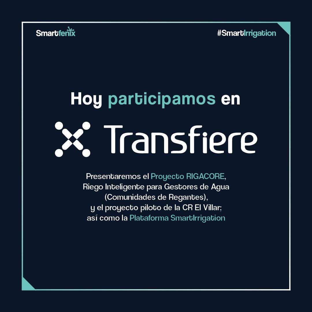 SmartfenixE's tweet image. 💧 Hoy estamos en @ForoTransfiere, presentando #RIGACORE y la plataforma #SmartIrrigation en el espacio #AndaluciaKnowledge de #Transfiere2023. 
Ambos proyectos están recogidos dentro del #PLAndSEQUÍAAndalucía de @AndaluciaJunta, elaborado con motivo de la situación de #sequía.