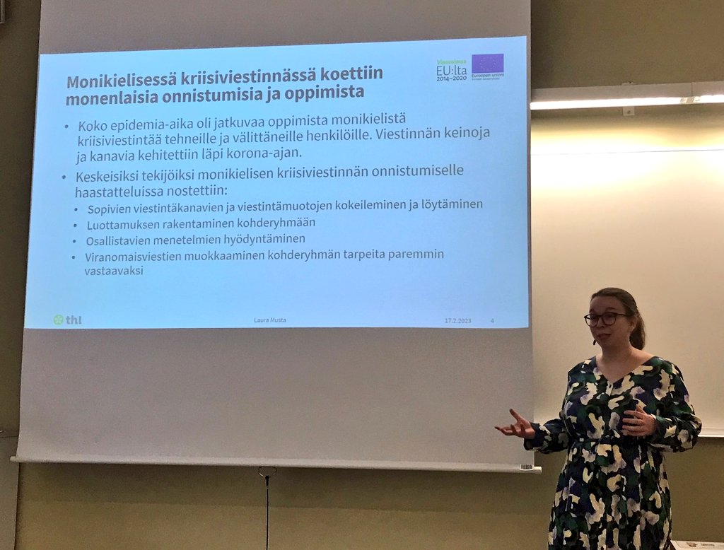Laurammus's tweet photo. Esitykseni pääpointti: monikielisessä kriisiviestinnässä pelkkä ylhäältä alaspäin tuleva kirjallinen viestintä ei toimi. Onnistumiseen tarvitaan mm. osallisuutta, monikanavaisuutta, resursseja, yhteistyötä, luottamusta & suunnitelmallisuutta. #sttp2023 #TulevaisuuttaLuomassa #ESR https://t.co/YcI6ubbqcL