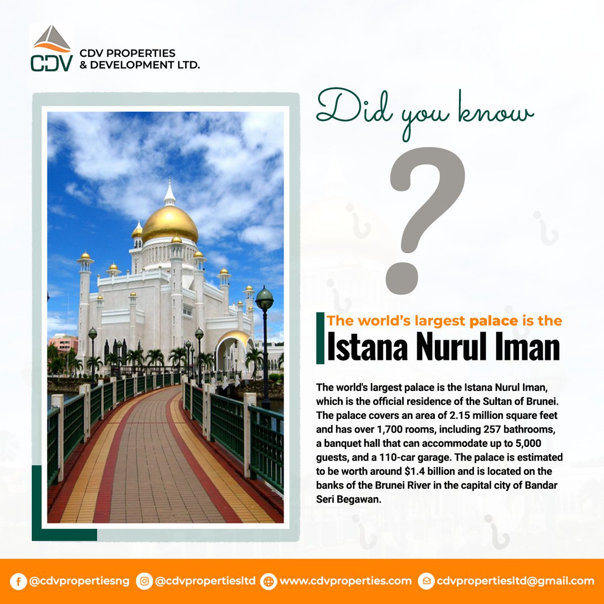 cdvpropertiesng's tweet image. Istana Nurul Iman was completed in 1984 and officially opened on 1st October of the same year. 

It was designed by Leandro V. Locsin, a renowned Filipino architect who also designed other buildings in Brunei. 

#DidYouKnow #FridayKnowledge #CDV #CdvProperties