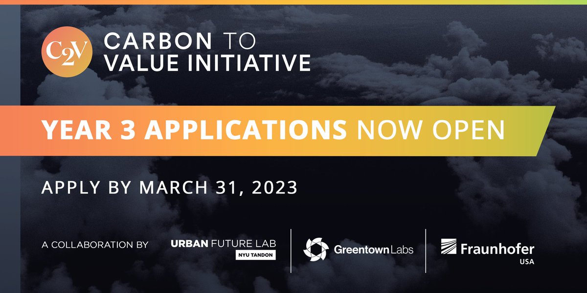 Are you a #startup with a technology solution to capture or convert carbon? Apply for Year 3 of the #C2VInitiative, a 6-months program with @NYSERDA, the @UrbanFutureLab, @Fraunhofer_USA, and @GreentownLabs to accelerate #carbon2value innovations!

Info ➡️ bit.ly/3jnBewn