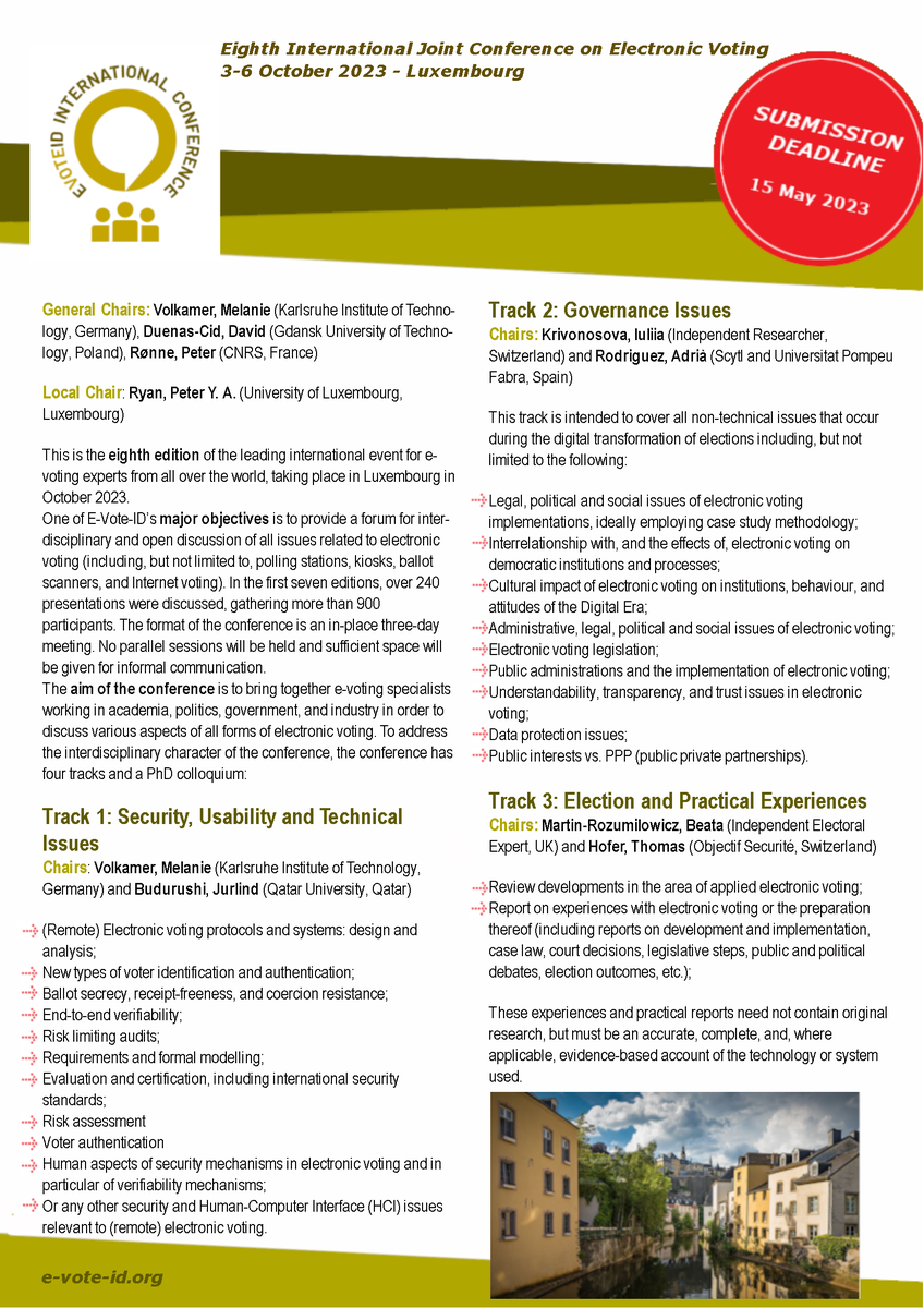 EVoteID's tweet image. #EvoteID2023 is coming. Don&apos;t miss the date and submit your paper before May 15 (for the Technical and Governance Tracks). #CFP #AcademicTwitter #evoting #internetvoting #eDemocracy #electoralmanagement #cryptography #cybersecurity #trust and many other topics.