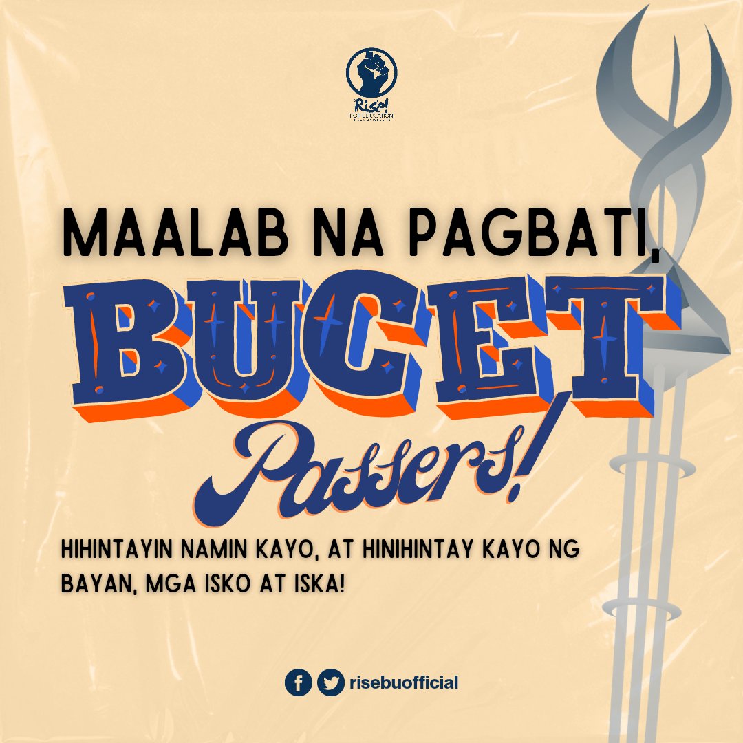 Ipinapaabot ng Rise for Education-Bicol University ang aming taas-kamaong pagpupugay at maalab na pagbati sa lahat ng BUCET passers!

Samahan niyo kaming tumindig para sa makamasa at siyentipikong edukasyon para sa lahat.

Hihintayin namin kayo, at hinihintay kayo ng bayan!