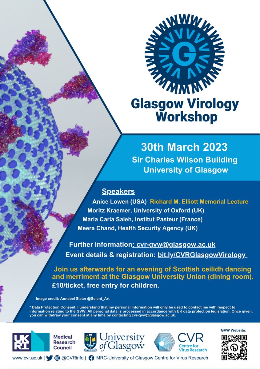 MRC-Uni of Glasgow Centre for Virus Research (@cvrinfo) on Twitter photo 🔈EVENT | #GlasgowVirologyWorkshop
Come along to GVW for a day of interesting talks and discussions
Speakers: <a href="/anice_lowen/">Anice Lowen</a>, <a href="/MOUGK/">Moritz Kraemer</a>, Maria Carla Saleh & <a href="/meera_chand/">Meera Chand</a>
📆 30 March 2023
📍 Sir Charles Wilson Building, <a href="/UofGlasgow/">University of Glasgow</a>
Info & registration: gla.ac.uk/research/az/cv… 🔈EVENT | #GlasgowVirologyWorkshop
Come along to GVW for a day of interesting talks and discussions
Speakers: <a href="/anice_lowen/">Anice Lowen</a>, <a href="/MOUGK/">Moritz Kraemer</a>, Maria Carla Saleh & <a href="/meera_chand/">Meera Chand</a>
📆 30 March 2023
📍 Sir Charles Wilson Building, <a href="/UofGlasgow/">University of Glasgow</a>
Info & registration: gla.ac.uk/research/az/cv…