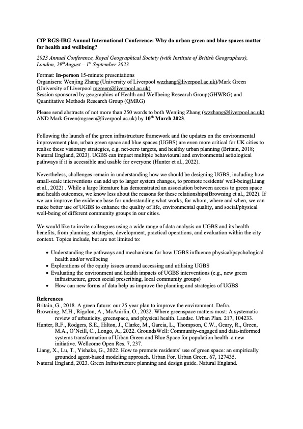 CfP @RGS_IBG 9th August – 1st September 2023. Why do #urban green and blue spaces matter for #Health and #Wellbeing ? with @markalangreen Sponsored by: @qmrg_rgs_ibg and @GeogHealth Abstract Deadline: 10th March 2023 #AcademicTwitter