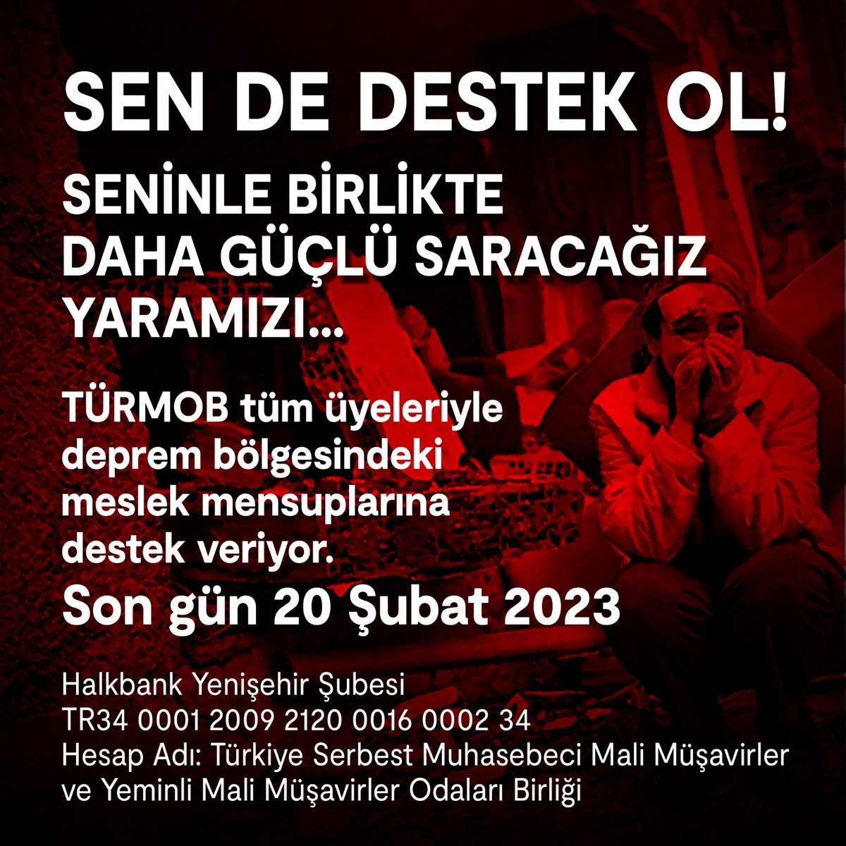 SEN DE DESTEK OL..❗❕❗

Seninle Birlikte Daha Güçlü Saracağız Yaramızı…

TÜRMOB, tüm üyeleriyle deprem bölgesindeki meslek mensuplarına destek veriyor.

Son gün 20 Şubat 2023…📢

#SendeDestekOl
#türmob
#deprem 
#GünDayanışmaGünü