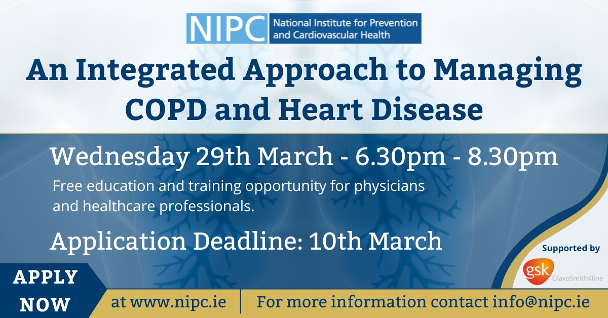 📢New course - An Integrated Approach to Managing COPD and Heart Disease. This free, online training course, covers the core knowledge, skills & latest insights to support patients with COPD and Heart Disease. Apply now⬇️,deadline is 10th March. nipc.ie/managing-copd-…