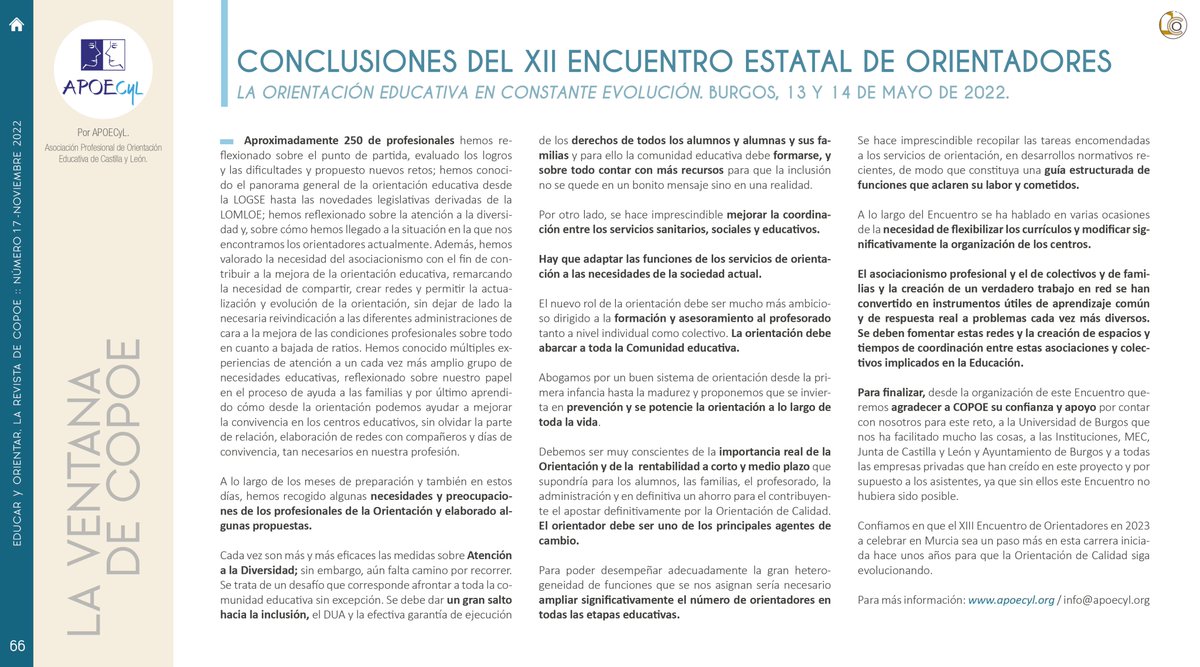 Te invitamos a leer el artículo "Conclusiones del XII Encuentro Estatal de Orientadores" escrito por APOECyL para el número 17 de Educar y Orientar.

Descarga disponible en revista.copoe.org