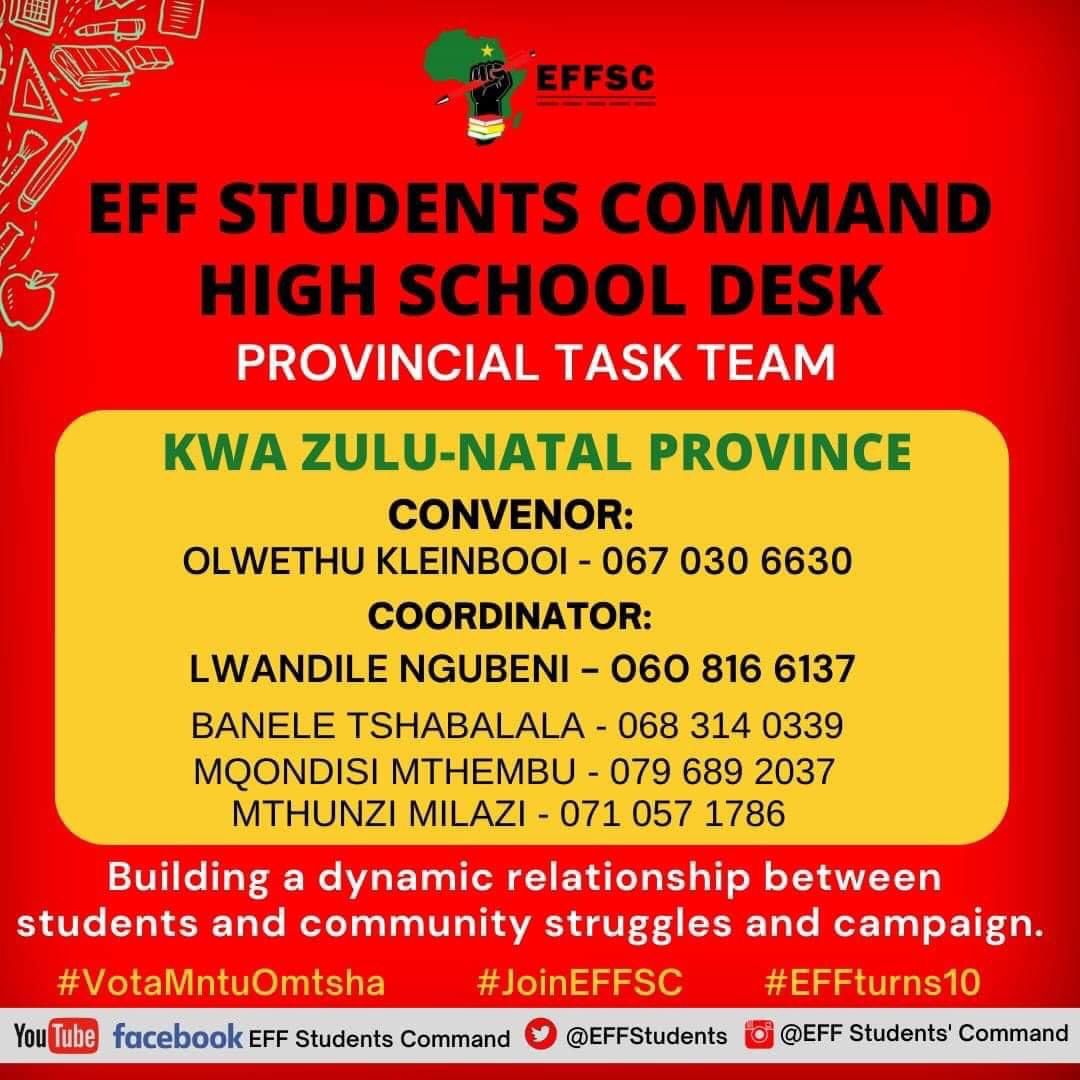 EFFKZN's tweet photo. 🚨EFFSC HIGH SCHOOL DESK KWAZULU- NATAL PROVINCIAL TASK TEAM🚨

#JoinEFFSC
#SizofundaNgenkani2023 https://t.co/C9lfAZKKSm