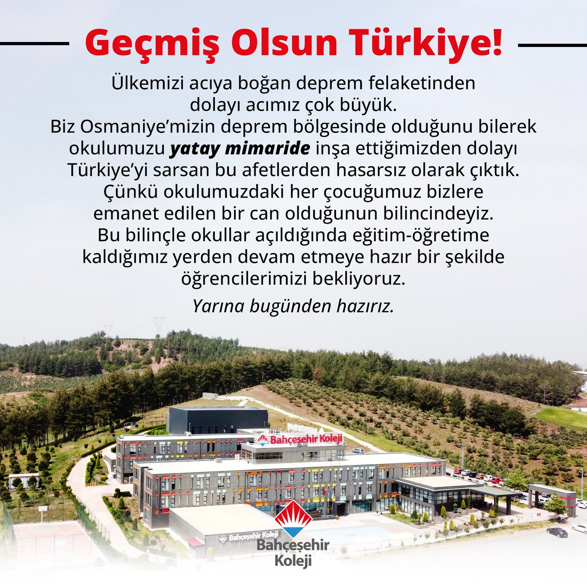 BK_Osmaniye's tweet photo. Ülkemizi acıya boğan deprem felaketinden dolayı acımız çok büyük. Biz Osmaniye’mizin deprem bölgesinde olduğunu bilerek okulumuzu yatay mimaride inşa ettiğimizden dolayı Türkiye’yi sarsan bu afetlerden hasarsız olarak çıktık. https://t.co/DhnmJxgKoy