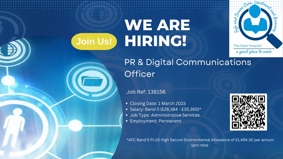 TheStateHospit1's tweet photo. #jobalert We're looking for a PR &amp; #Digital #Communications Officer to join us. If you are experienced in #wordpress  and Sharepoint and have skills in #graphicdesign  we'd love to hear from you. Click here: https://t.co/GrSE09J9BE or scan the code below. https://t.co/mxh1O6qJri