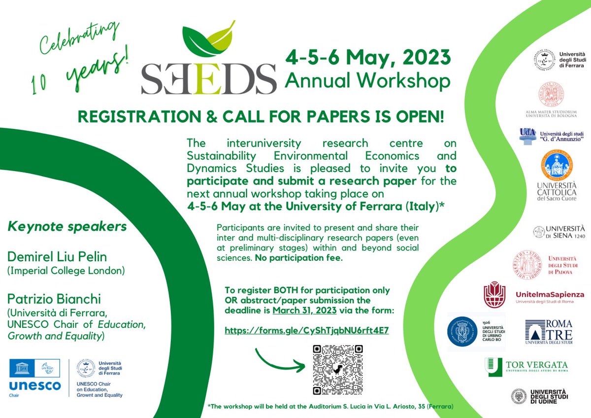 #callforpapers SEEDS Annual Workshop 4-6 May, this year SEEDS celebrates 10 years of acitivities! 🎉 🎉 
Join us in Ferrara in May!  link for registration forms.gle/g1Mx1cMHBEWXHc…
 
submission #deadline March 31
notification of #acceptance April 8 👇