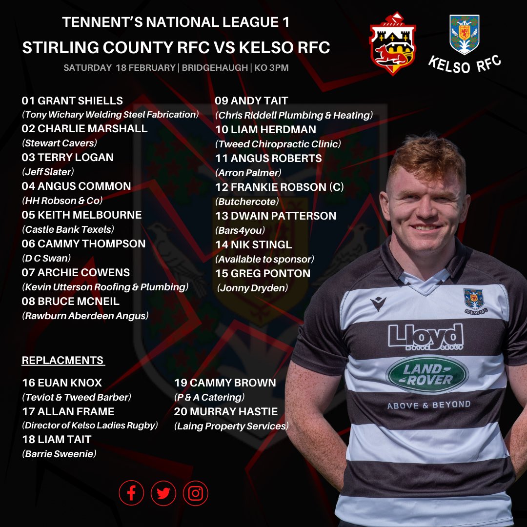 KelsoRugby's tweet image. Here is your Kelso RFC 1st XV squad to travel to play Stirling County RFC tomorrow. Also your Kelso Sharks squad who are in the road to play Lasswade RFC 2nd XV. 

Best of luck to both squad! 

⚫️⚪️ 

@LandRoverKelso 

#OneClub #OneCommunity