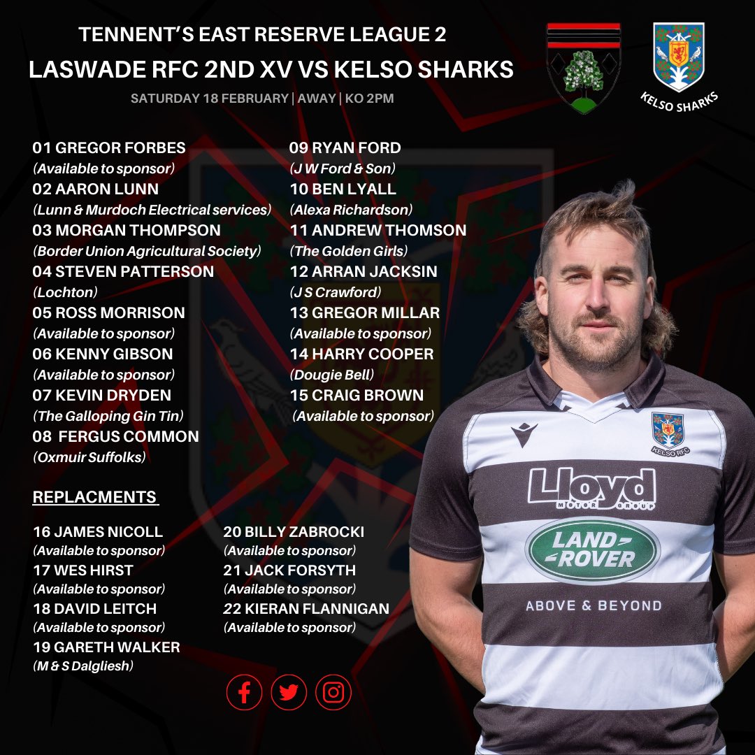 KelsoRugby's tweet image. Here is your Kelso RFC 1st XV squad to travel to play Stirling County RFC tomorrow. Also your Kelso Sharks squad who are in the road to play Lasswade RFC 2nd XV. 

Best of luck to both squad! 

⚫️⚪️ 

@LandRoverKelso 

#OneClub #OneCommunity