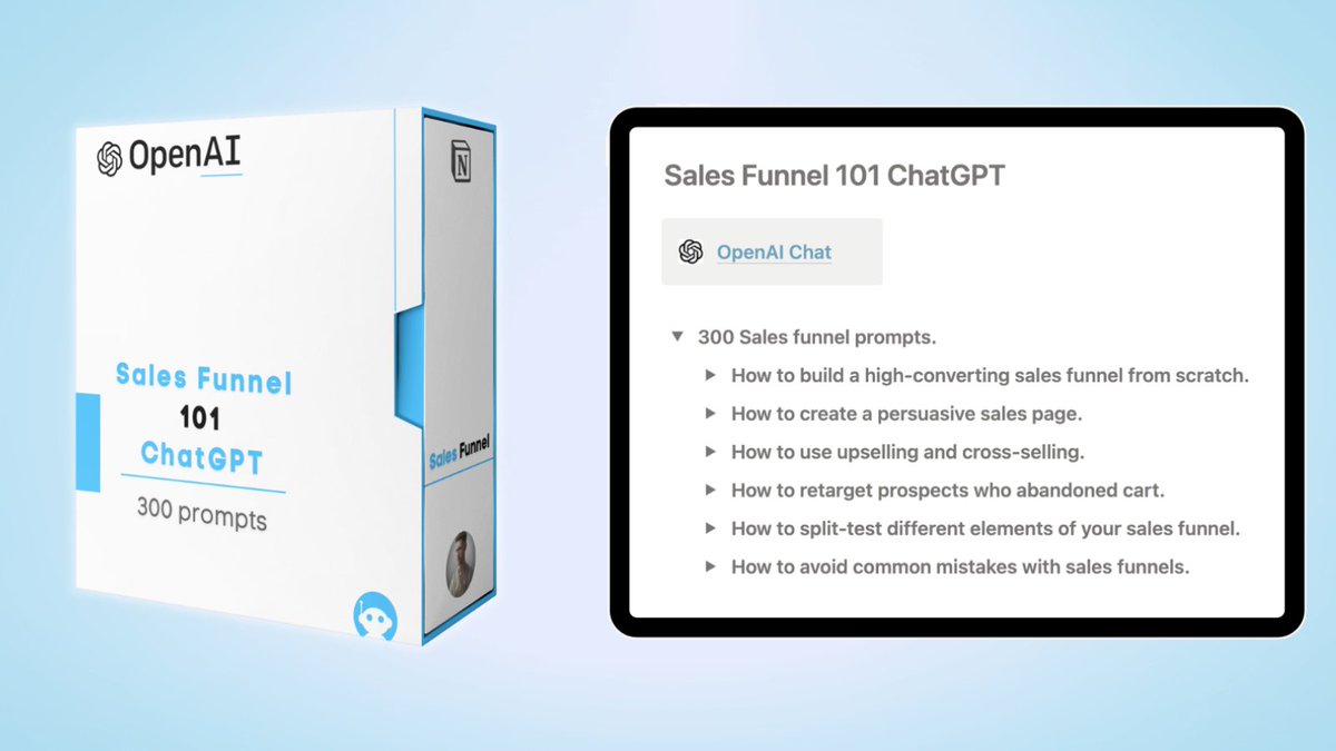 reachvaldo's tweet photo. ChatGPT is a FREE sales funnel architect.

Most people overlook this.

That's why I built 300 prompts to help creators get higher conversions on their funnel.

And for the next 24 hours, it's FREE! 

To get it simply:

1. Follow me @reachvaldo 
2. Like this tweet &amp; Reply "300" https://t.co/7ZIjK84qd1