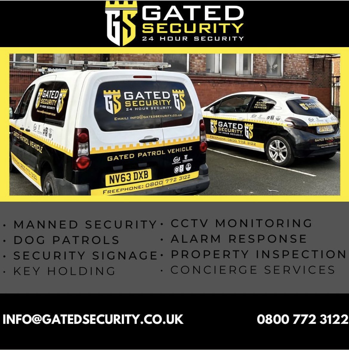 For all security requirements please contact 08007723122 or email info@gatedsecurity.co.uk 

#GatedSecurity #24hr #KeyHolding #MobilPatrols #Signs #MannedGuard #Retail #Concierge #WakingWatch #FireMarshalls #CCTV #DogPatrols #DoorStaff #Events