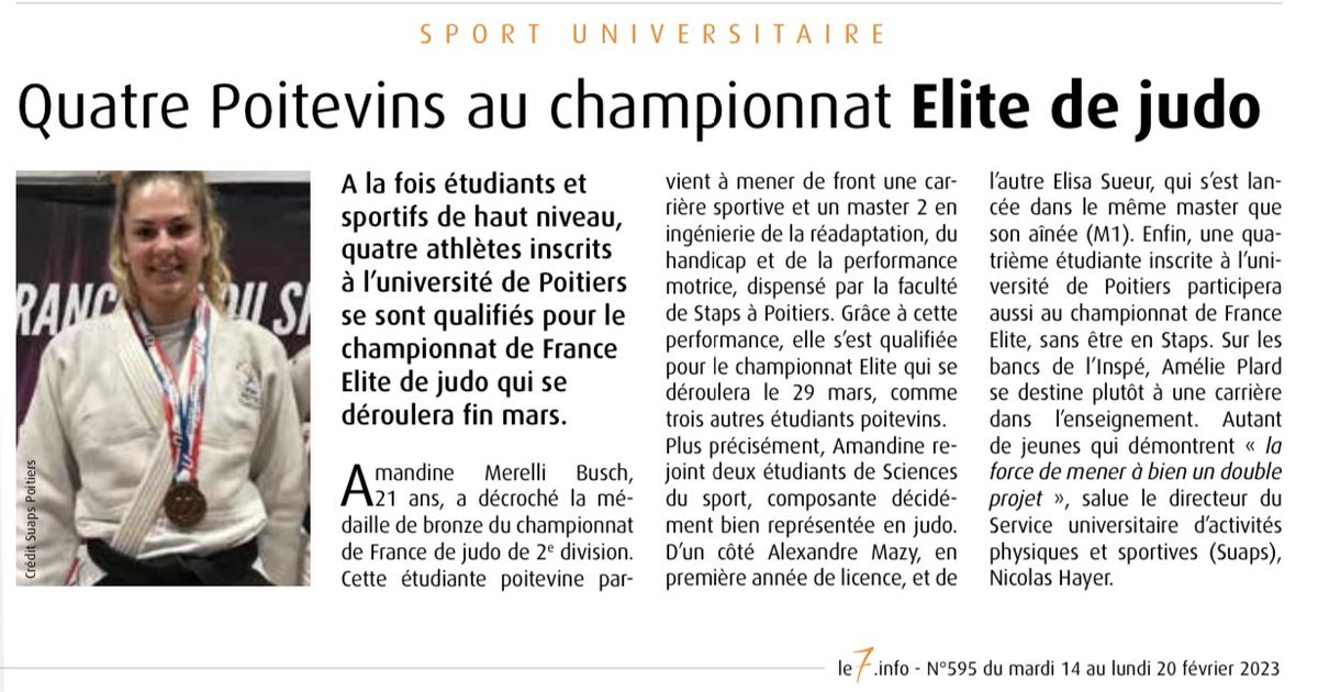 SUAPSPoitiers's tweet photo. [presse] Article dans @le7info sur nos étudiants judokas @UnivPoitiers et @STAPSPoitiers qui mènent de front études universitaires et sport de haut niveau 💪💪

https://t.co/NHIlcaLbNP…

@sup_recherche @Sports_gouv @francejudo_ 
#cvec #shn #doubleprojet https://t.co/9vqgPmwniX