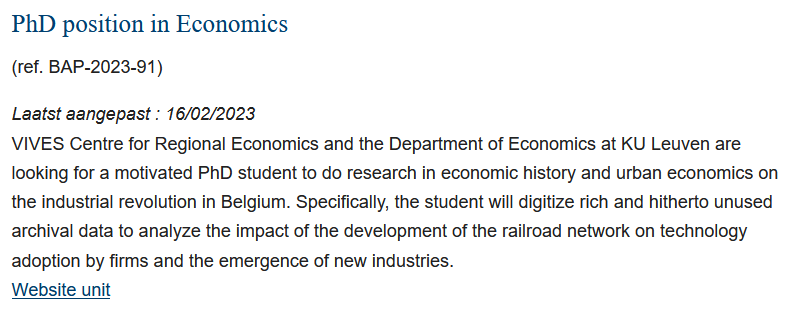 🚨PhD vacany alert in historical urban economics🚨 Come work with my (former) colleagues & me at @LeuvenEconomics @VIVES_KULeuven @GGoeyvaerts on some awesome new micro data & questions on 19th-century technology adoption! Fully funded position. kuleuven.be/personeel/jobs…