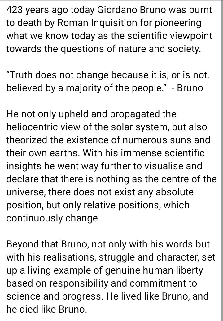 ScholarsDRSO's tweet photo. 17 February, Science Martyr Day, the martyr day of Giordano #Bruno, uncompromising lifelong fighter for truth and one of the pioneers of modern scientific thinking,

#DRSO pays tribute to Bruno and pledges to take forward the legacy of this towering character. https://t.co/h2vTJ77BpD