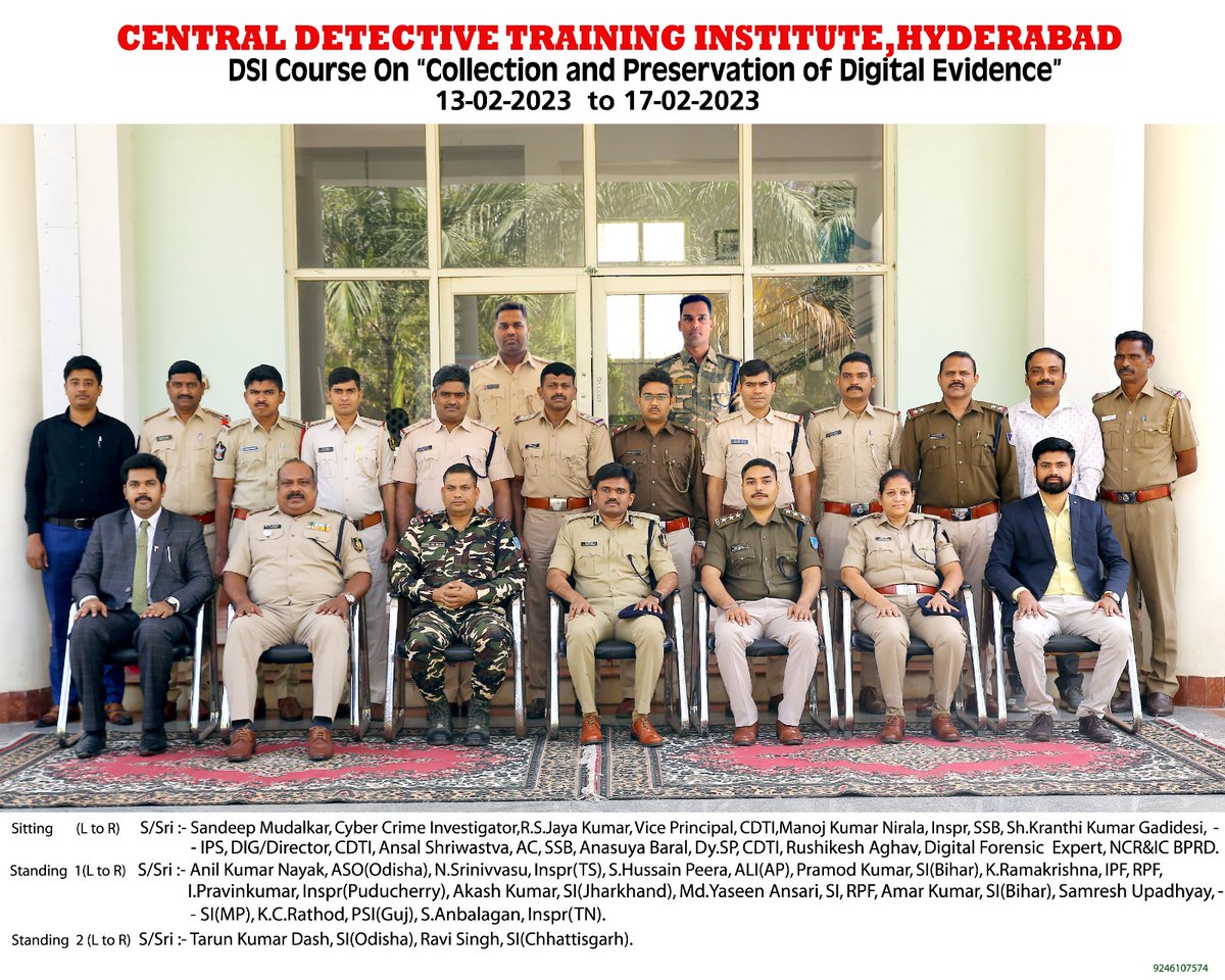 Conducted Course on "Collection and Preservation of Digital Evidence (DSI)" at CDTI, Hyderabad from 13-02-2023 to 17-02-2023.  16 Police Officers from various States/UTs/CPMFs have attended.