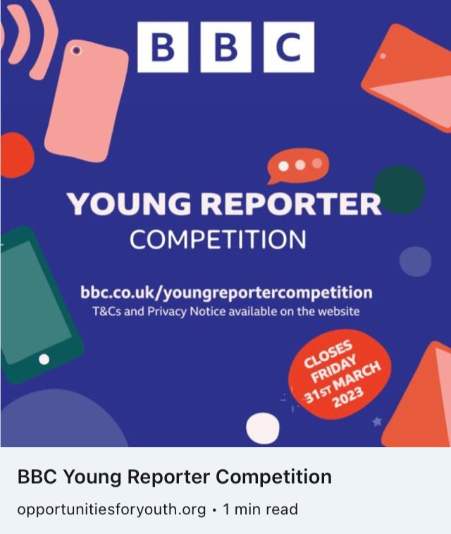🚨 The #BBCYoungReporter competition is open for entries! 🚨

More info → bit.ly/3X4Tkkw

Entries close on Friday 31 March 2023.

#Journalism #Competition #BBC #BBCNews #Media #children #youth