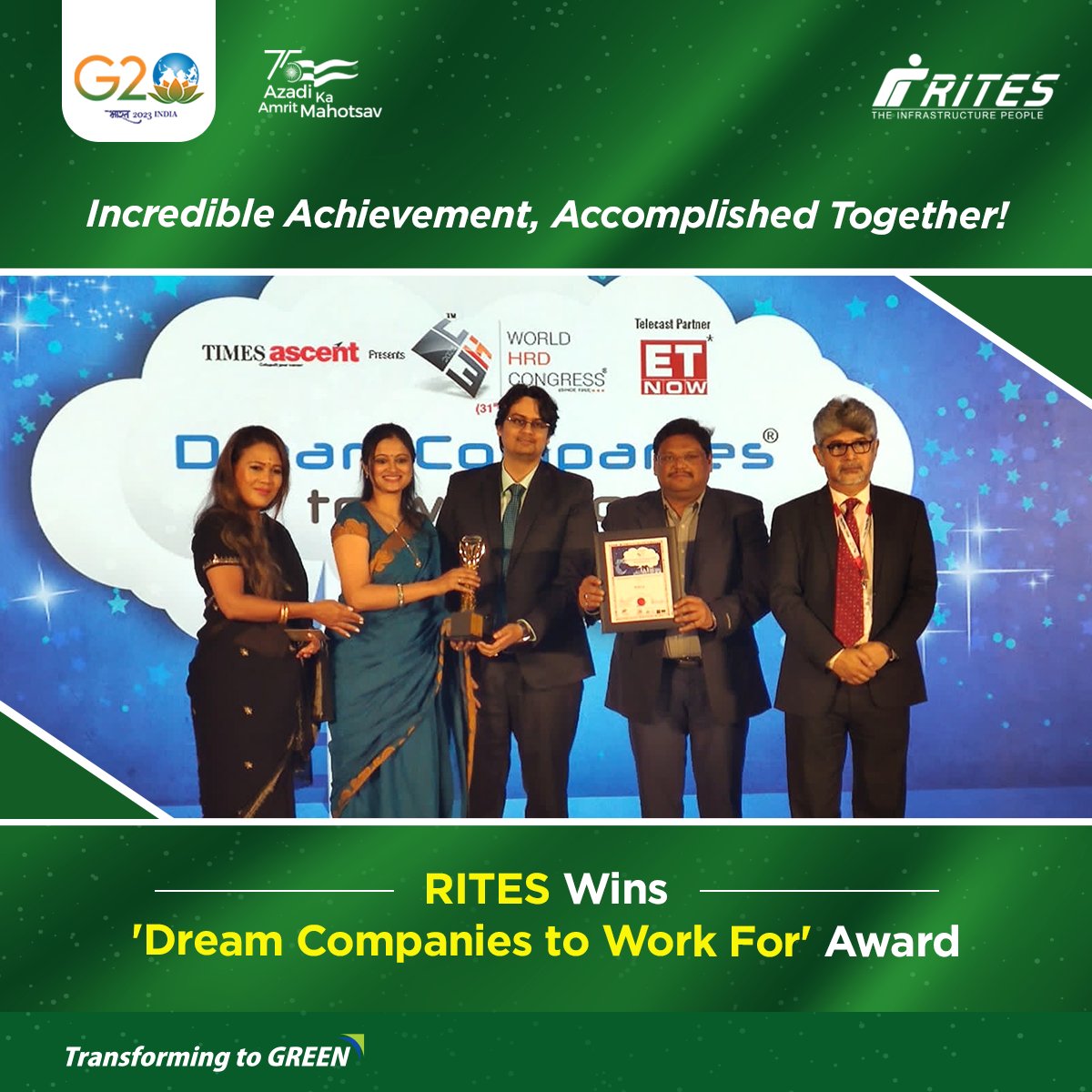 Here’s to the big win🏆
#RITES bagged the ‘Dream Companies to Work For’ Award under the 'Infrastructure' category by @timesascent at #WorldHRDCongress2023.

It acknowledges our people-centered approach & efforts towards creating a work environment to make #TeamRITES future-ready.
