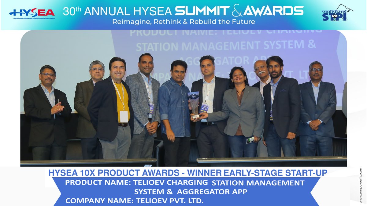 Congratulations, @telioev2022  (Product Name:Telioev Charging Station Management System &AggregatorApp), the Winners of 10x Product Awards in Early-Stage Startup category as a part of 30th Annual HYSEA Summit & Awards.
@Manisha_saboo @hariraja76
@isaac_rajkumar @kishoreborra

1/4