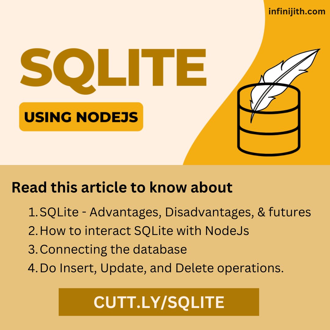 Infinijithtech's tweet image. Improve your database skills with our latest tutorial!
infinijith.com/blog/sql/sqlit…
Learn everything you need to know about SQLite using Nodejs in this comprehensive guide.
If you need nodejs developers for your project, contact me!
#SQLite #Nodejs #DatabaseEngine #WebDevelopment