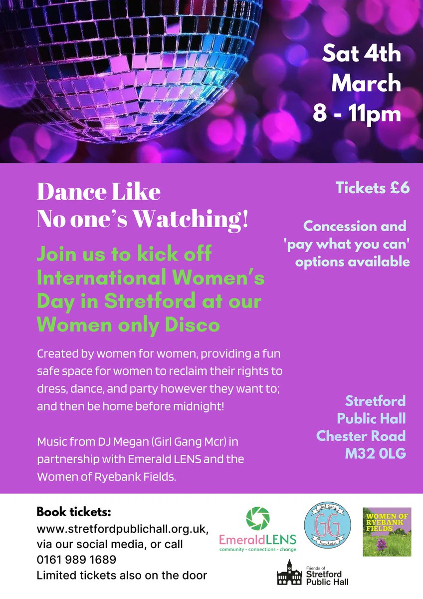 Dance Like No one’s Watching! Join us to kick off International Women’s Day in Stretford at our Women only Disco! 

Created by women for women, with music from DJ Megan (Girl Gang Mcr). 

Book tickets here: buff.ly/3xpSyEw