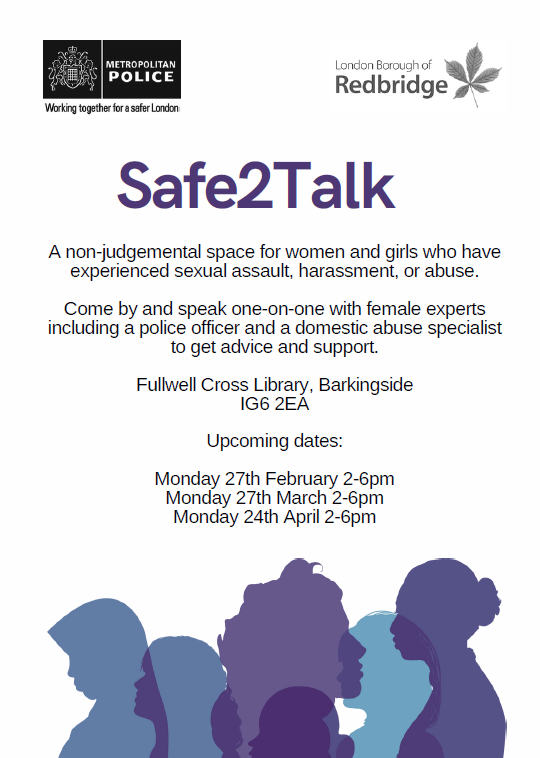 MPSRedbridge's tweet photo. A non-judgemental drop-in space for women and girls who have experienced sexual assault, harassment, or abuse. Come by and speak one-on-one with female experts including a police officer and a domestic abuse specialist to get advice and support. #Safe2Talk https://t.co/JjCPMznpqD