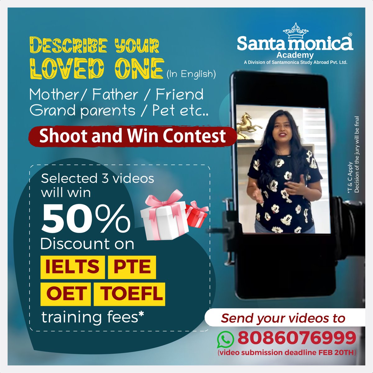 Contest Alert!! 
Win 50% Discount on IELTS | PTE | OET | TOEFL training fees*. Check this out! Contact Santamonica Academy at +91 8086 076 999 for details.
#santamonicaAcademy #ielts #pte #oet #toefl #ieltspreparation #PTEExam #oetpreparation #contest