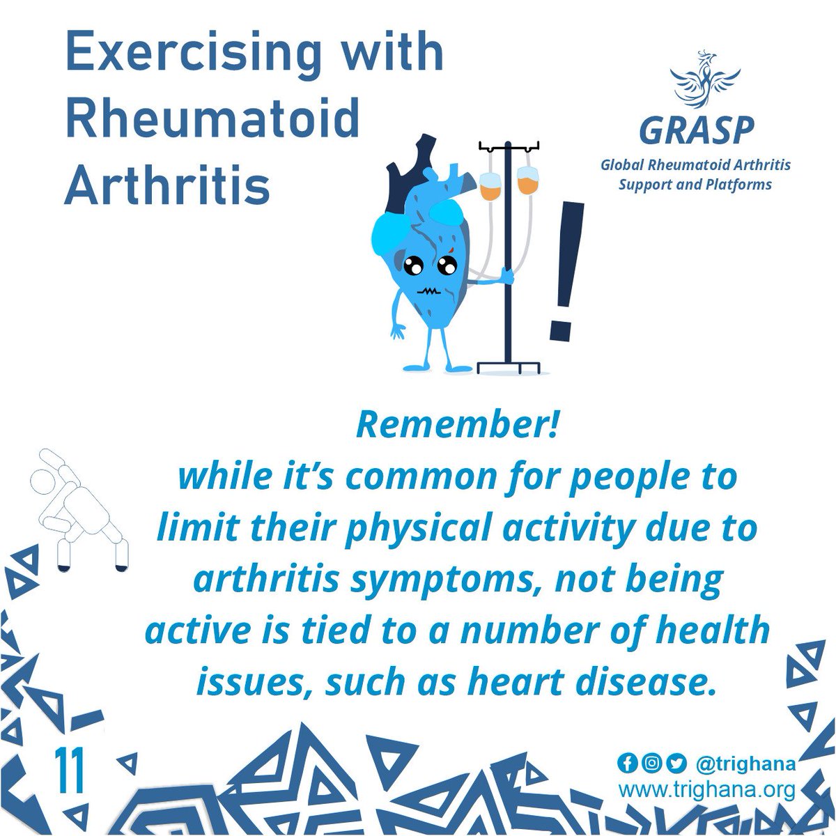 trighana's tweet photo. Remember, while it’s common for people to limit their physical activity due to arthritis symptoms...
#rheumatoidarthritis 
#rheumatoidarthritisawareness 
#RA
#exercise #RAandExercise
#GRASP #tRi #tRi2gether #keepmoving https://t.co/FKbT0dGgfJ