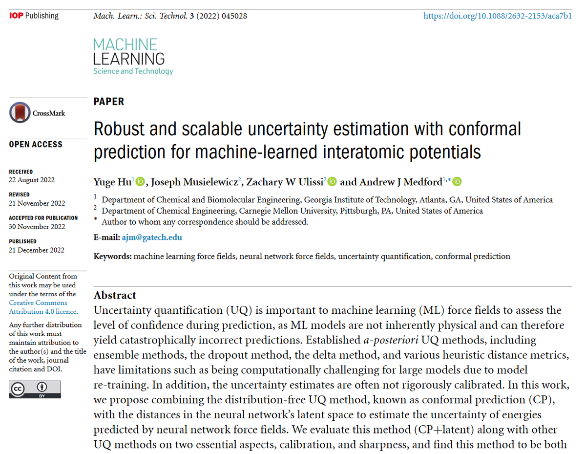 MLSTjournal's tweet photo. 'Robust and scalable uncertainty estimation with conformal prediction for machine-learned #interatomicpotentials' by @zackulissi @medford_group @GTChBE @CMU_ChemE hits 500 downloads! https://t.co/JzxJwMbO19 #machinelearning #compchem #materials #AI #forcefields #quantum #DFT #HPC https://t.co/MLFAnhyXXZ