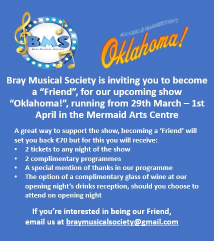 Calling all our BMS Friends! 🔔 
Becoming a Friend is a great way to support our show Oklahoma! and to #SupportLocalArts 🎭 
Email us today at braymusicalsociety@gmail.com to sign yourself up! 💙