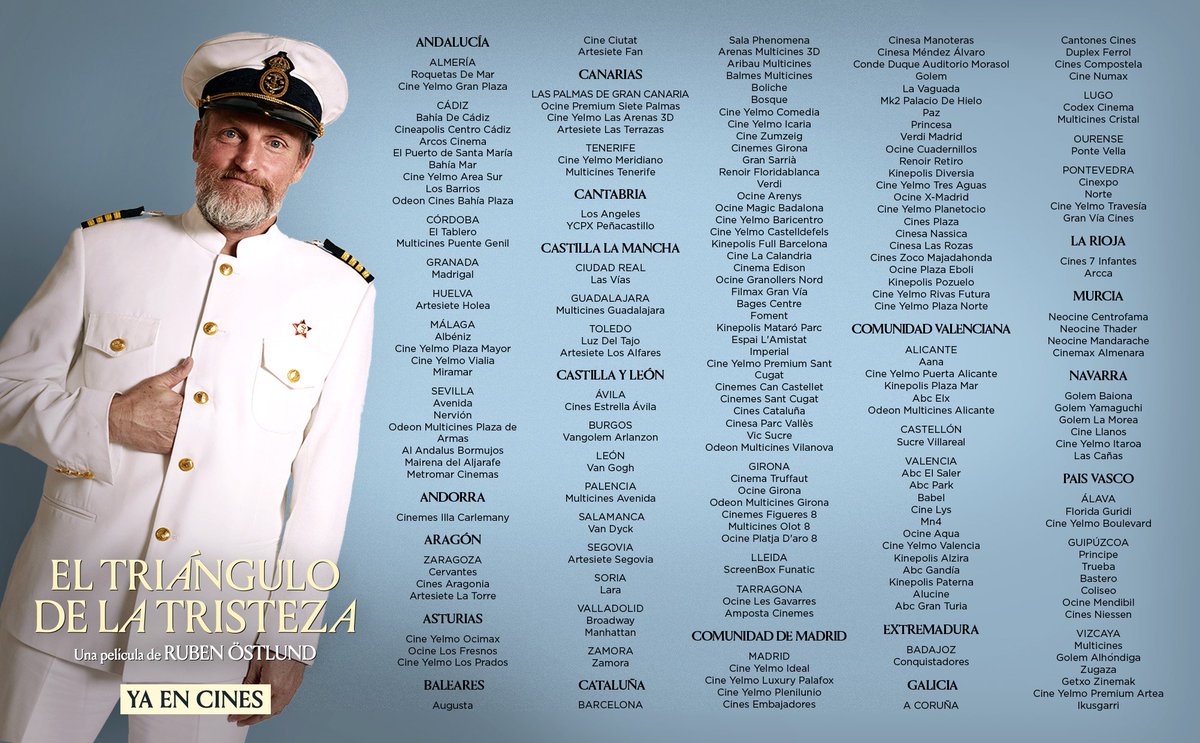 ¡¡¡Nuestro barco por fin sale a mar abierto!!!! 

🎞Estas son las 177 SALAS DE CINE en las que podéis disfrutar de #ElTriánguloDeLaTristeza 🍿 

In den Wolken!!

eltriangulodelatristeza.com

<a href="/Avaloncine/">Avalon</a>  <a href="/ElasticaFilms/">elasticafilms</a>  #CoproductionOffice <a href="/PlattformProduk/">Plattform Produktion</a> #RubenÖstlund