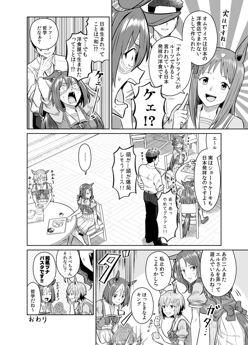 グラスワンダーと抹茶ラテとエルと哲学の漫画 