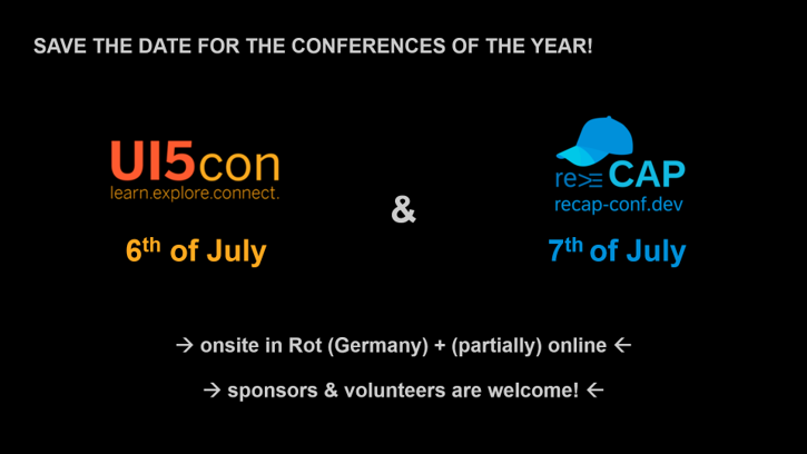 sapopensource's tweet photo. 📆 SAVE THE DATE 📆 

Did you know that these developer conferences will come together this year? Join #reCAP2023 &amp; #UI5con2023.

Want to learn more and propose a session? 
UI5con ➡️ https://t.co/hglhlY7gVc.
ReCAP ➡️ https://t.co/Vu7YYBBKCv.

#SAPOpenSource #OpenUI5 #SAPCAP https://t.co/XAvKzUbbRg