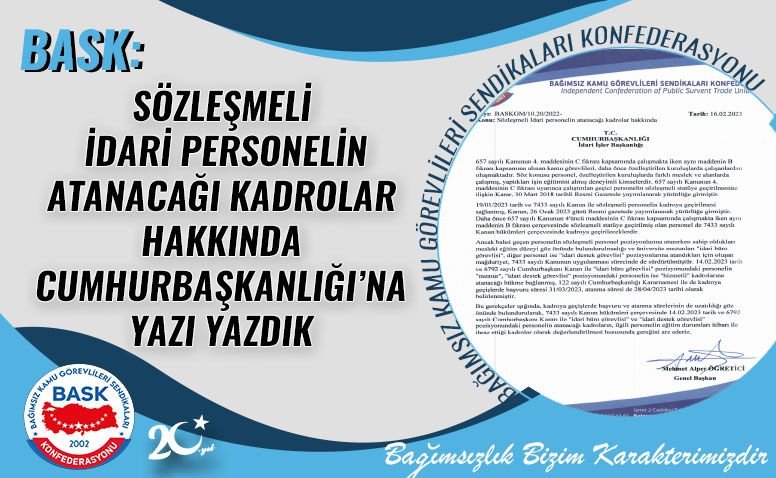 baskkonfederas's tweet photo. BASK: SÖZLEŞMELİ İDARİ PERSONELİN ATANACAĞI KADROLAR HAKKINDA CUMHURBAŞKANLIĞI’NA YAZI YAZDIK
BASK olarak sözleşmeli personelin kadroya geçişlerinde öğrenim, mezuniyet ve meslek durumuna uygun kadrolara geçmesi talebimizi Cumhurbaşkanlığı’na ilettik.
https://t.co/dhfWGvKAWi https://t.co/OSOLI6gyXv
