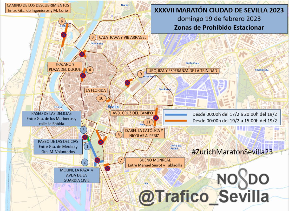 IMDSevilla's tweet photo. Hoy comienza el dispositivo especial de tráfico con motivo del montaje de Salida y Meta para el @MaratonSevilla.
En Paseo de las Delicias desde 18 h. viernes 17feb hasta las 19 h. domingo 19feb.
Detalles y vías alternativas: https://t.co/OK8rb3di6r https://t.co/QKPDW3XHEl