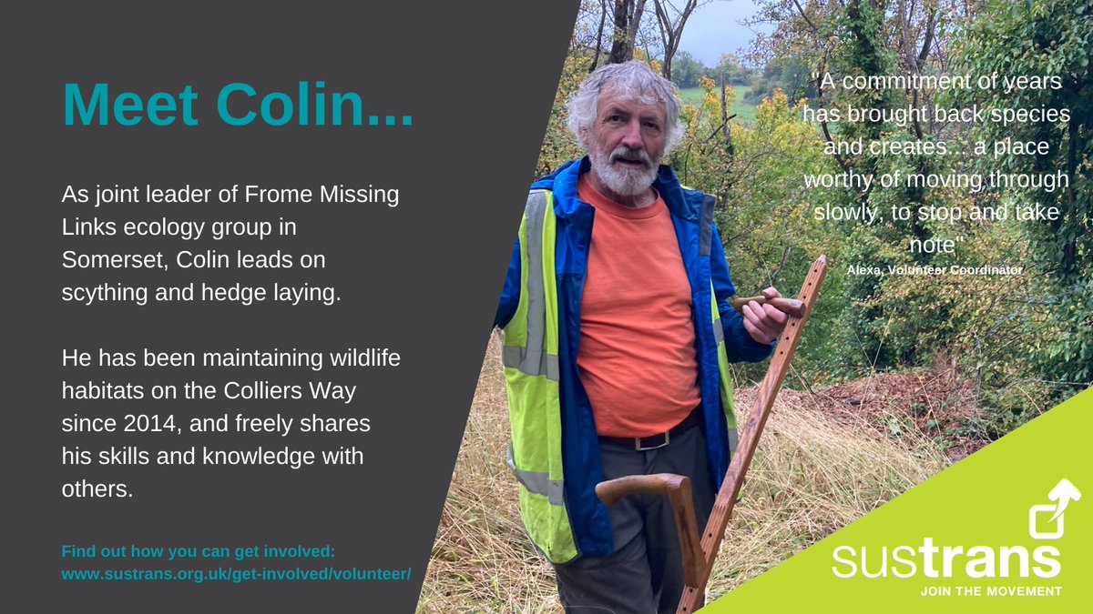 SustransSouth's tweet photo. Colin's longstanding commitment to maintaining wildlife habitats along the #ColliersWay in #Somerset has helped it to become a space for nature, as well as active travel. Many species are thriving on the route thanks to his time, skills and knowledge. #InspiringVolunteers https://t.co/hU21iveOsz