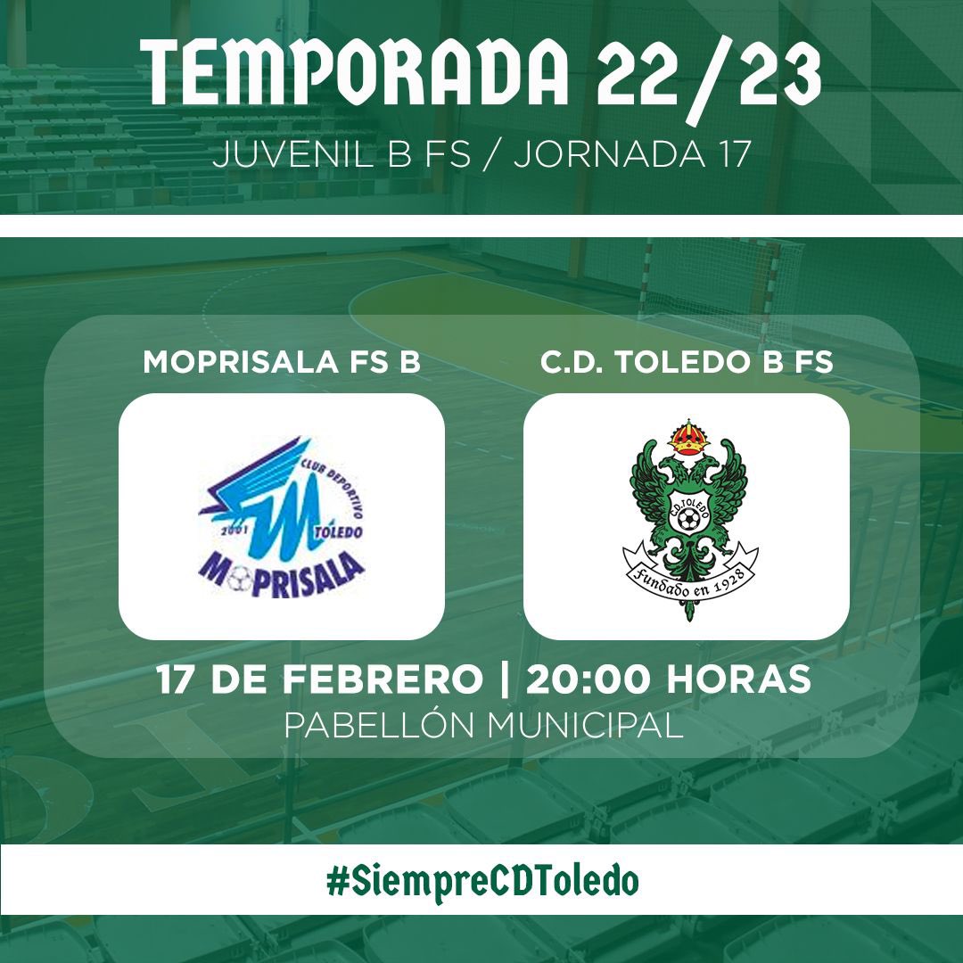 FS_Toledo's tweet photo. 𝗝𝗢𝗥𝗡𝗔𝗗𝗔 𝟭𝟳 #JuvenilB #CDToledoFS |
📆 Viernes 17 de febrero
🆚 #Moprisala
⌚ 20.00h
🏟️ Pabellón Municipal de Olías del Rey
#SiempreCDToledo 💚⚪️ https://t.co/teddcmb63h